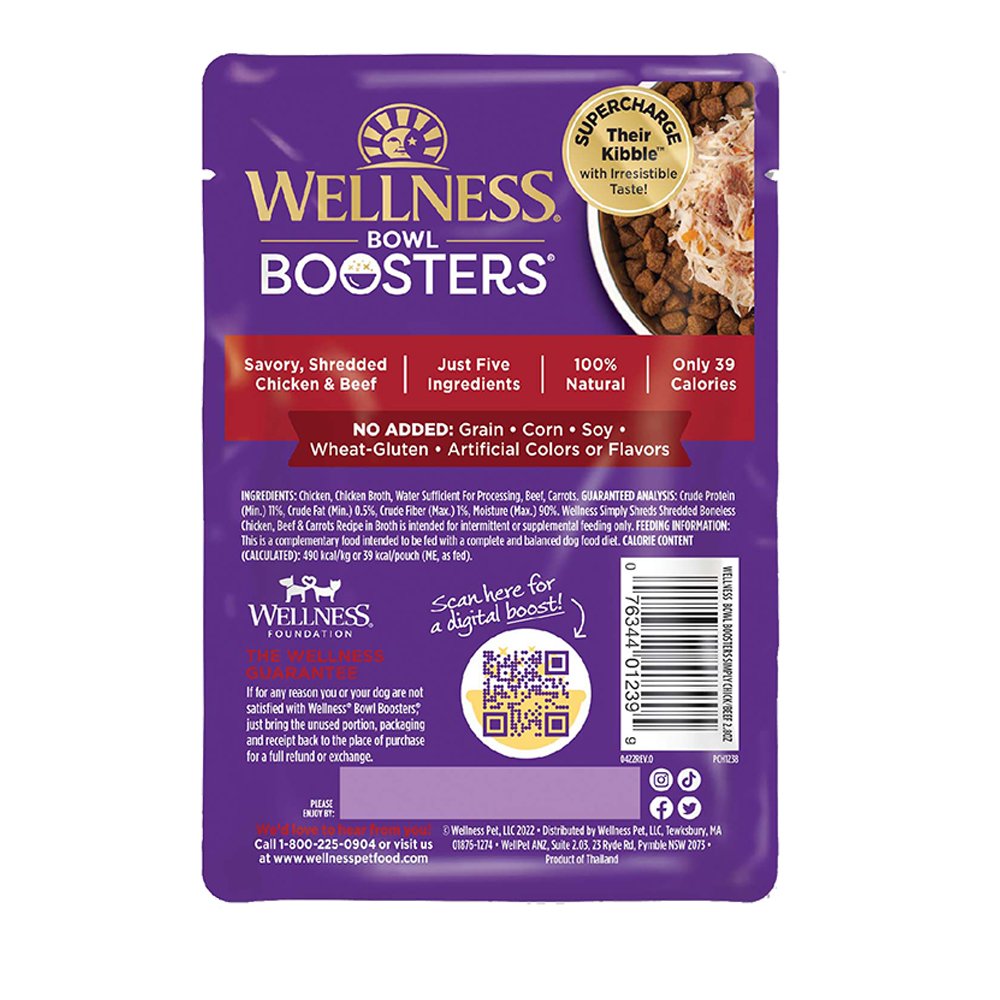 Wellness Bowl Boosters Simply Shreds Boneless Chicken, Beef & Carrots Recipe in Broth Dog Food Topper - Image 2