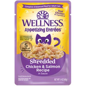 Wellness Appetizing Entrรฉes Shredded Chicken & Salmon Recipe in Sauce Adult Wet Cat Food