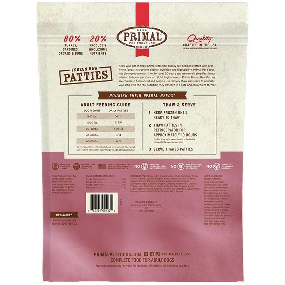 Primal Raw Frozen Canine Patties Turkey & Sardine Formula Dog Food - Image 3