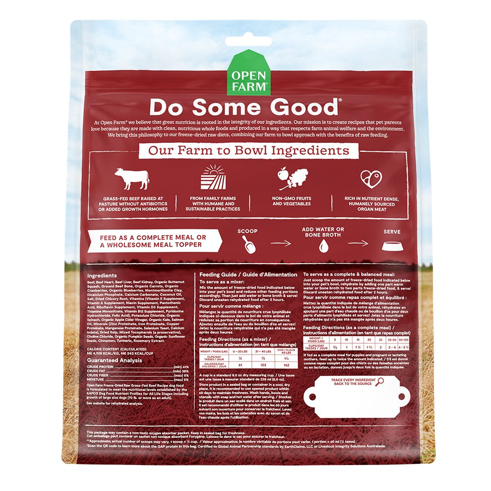 Open Farm Grain Free Grass-Fed Beef Recipe Freeze-Dried Raw Dog Food - back of pack