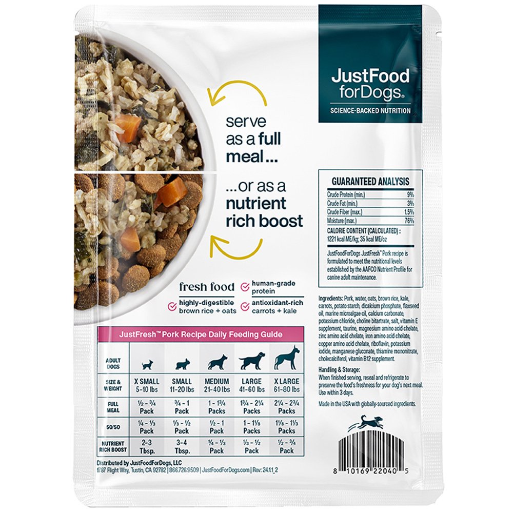 JustFoodforDogs JustFresh Home-Cooked Pork Recipe w/ Oats, Brown Rice, Carrots & Kale Adult Dog Food - Image 2