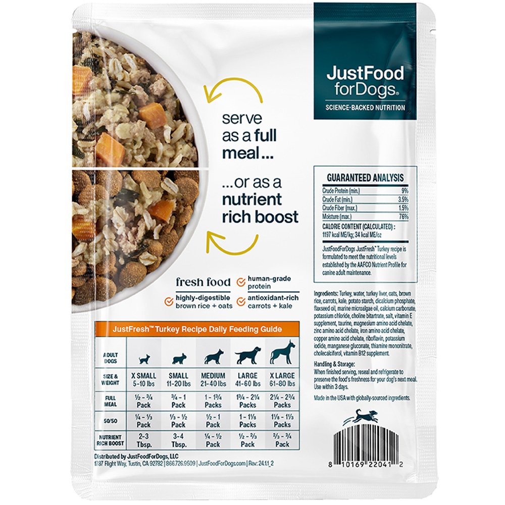 JustFoodforDogs JustFresh Home-Cooked Turkey Recipe w/ Oats, Brown Rice, Carrots & Kale Adult Dog Food - Image 2