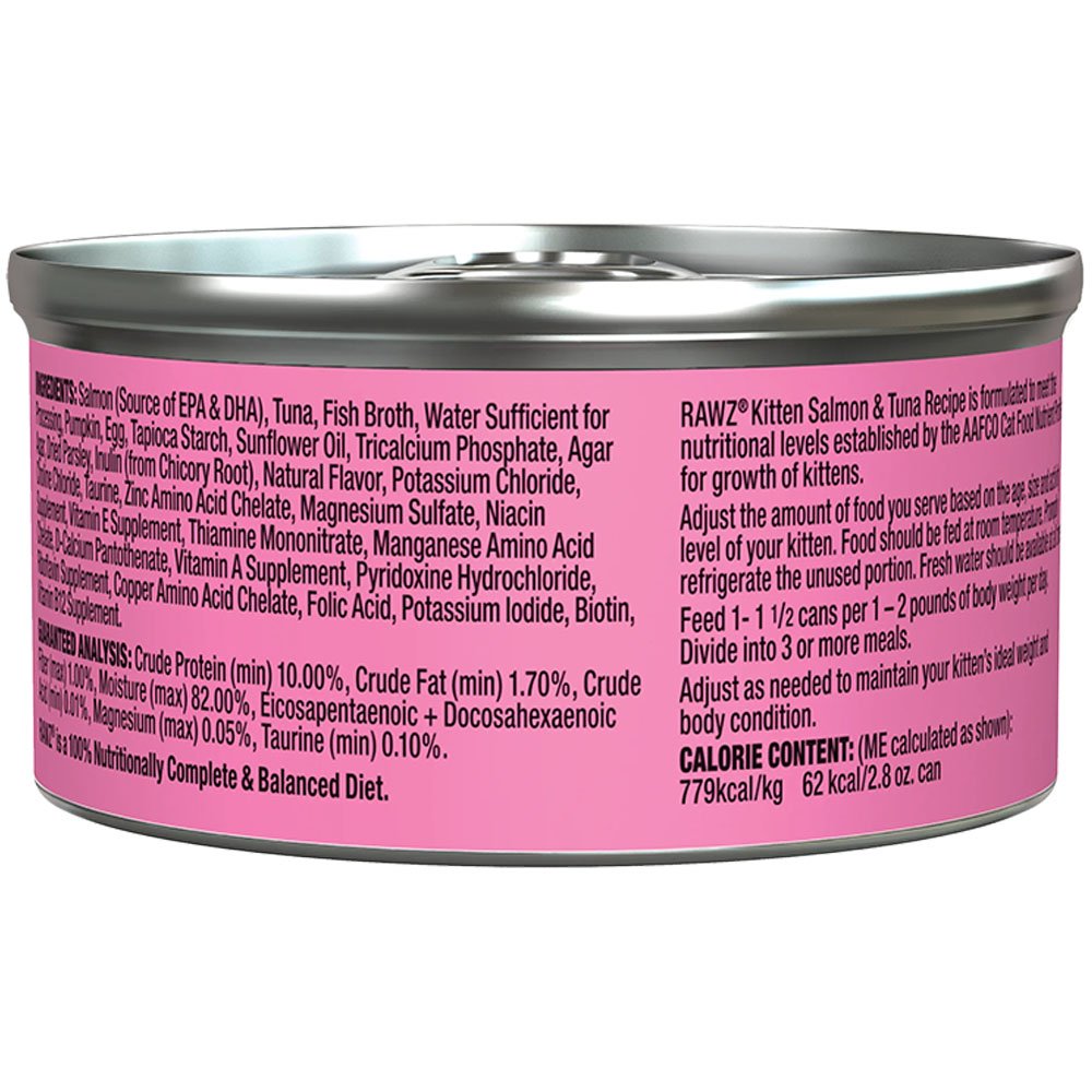 RAWZ Kitten Salmon & Tuna Cat Recipe Pâté Canned Cat Food - back of pack