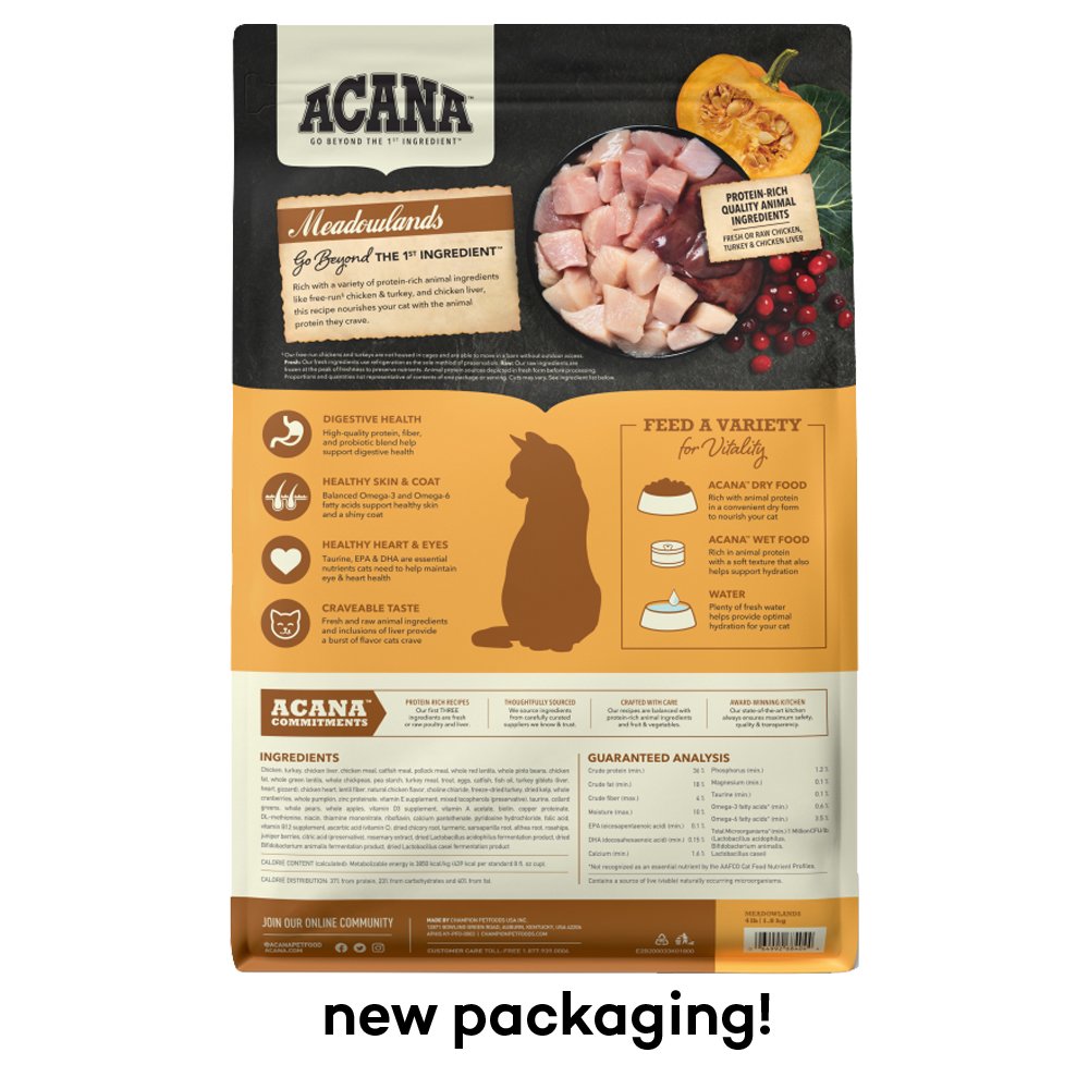 ACANA Highest Protein Meadowlands w/ Free-Run Chicken, Turkey & Chicken Liver Dry Cat Food - Image 2